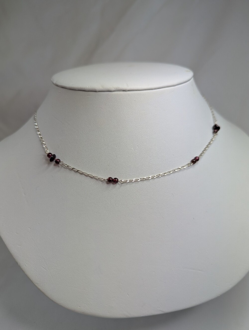 Delicate Sterling Silver Chain Necklace with Garnet Beads